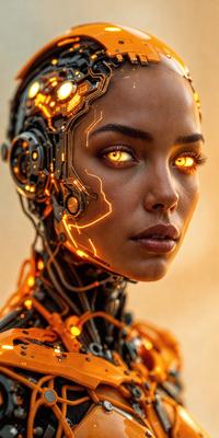 The primary subject of the image is a woman with a futuristic, cyberpunk appearance. She has a unique look, featuring glowing eyes and a distinctive hairstyle. The setting is a futuristic environment, possibly a dystopian or post-apocalyptic world. The visual style is a combination of digital art and illustration, creating a striking and memorable image. The colors and mood of the image are dark and mysterious, with a hint of danger and intrigue.